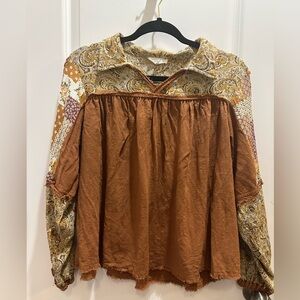 Easel Rust Paisley Yoke Boho Tunic